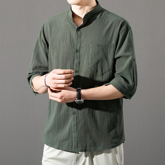Black Mandarin Collar Linen Shirt