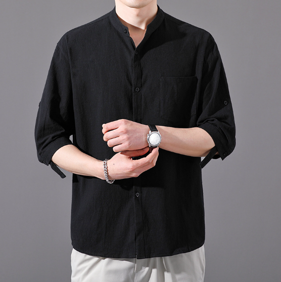Black Mandarin Collar Linen Shirt